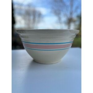 Vintage USA Ovenware Stoneware Mixing Bowl Cream with Pink and Blue Stripes 12"